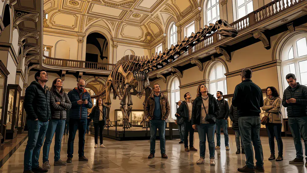 Naturhistorisches Museum Wien – Gruppe betrachtet ein vollständiges Diplodocus-Saurierskelett im Prachtsaal