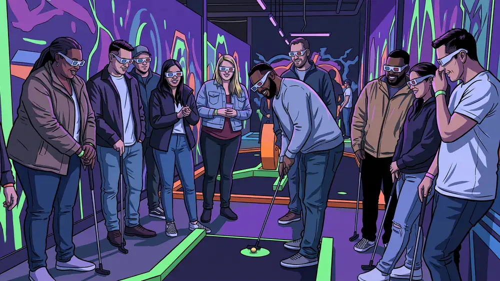 Schwarzlicht Minigolf in Wien – Gruppe spielt mit 3D-Brillen Minigolf in leuchtender Neonwelt