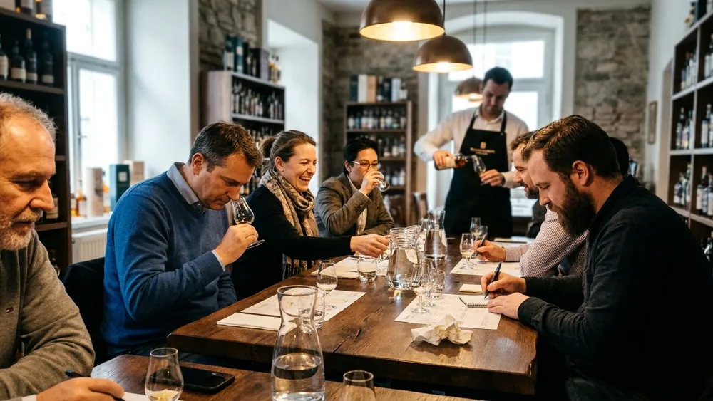 Whisky-Tasting in Wien – Gruppe verkostet unter Anleitung mehrere Single Malts an einem Holztisch