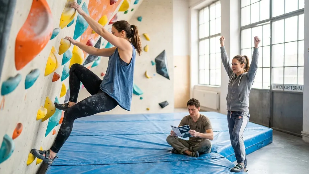 Boulderbar Wien - Erwachsene klettern und sichern an einer farbigen Indoor-Boulderwand