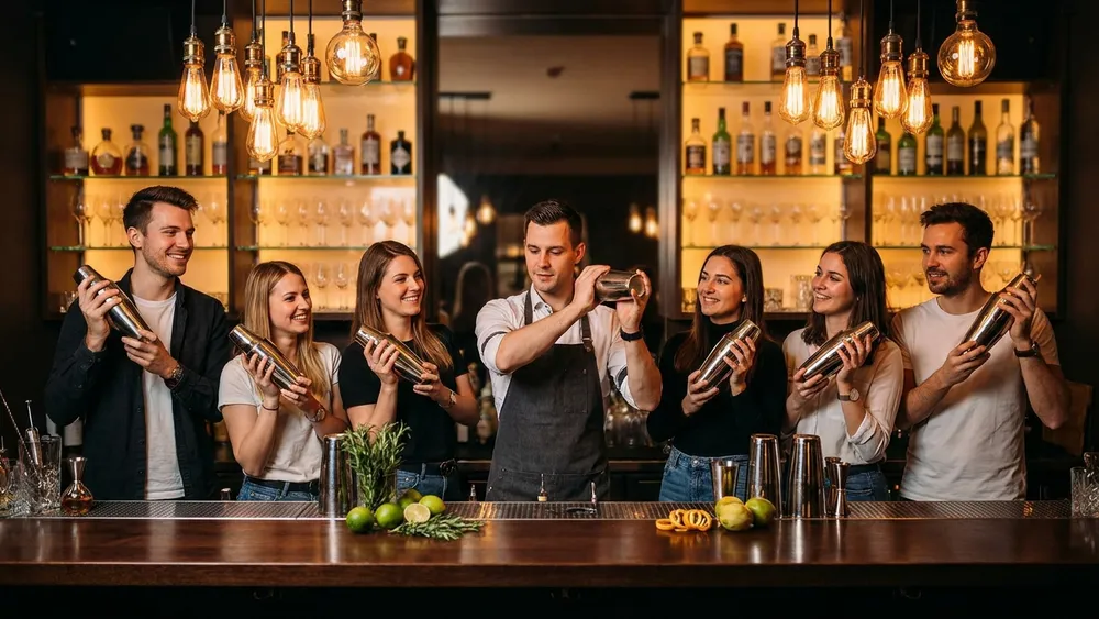 Cocktailkurs in Wien - Erwachsene mixen Cocktails hinter einer beleuchteten Bar in der Innenstadt