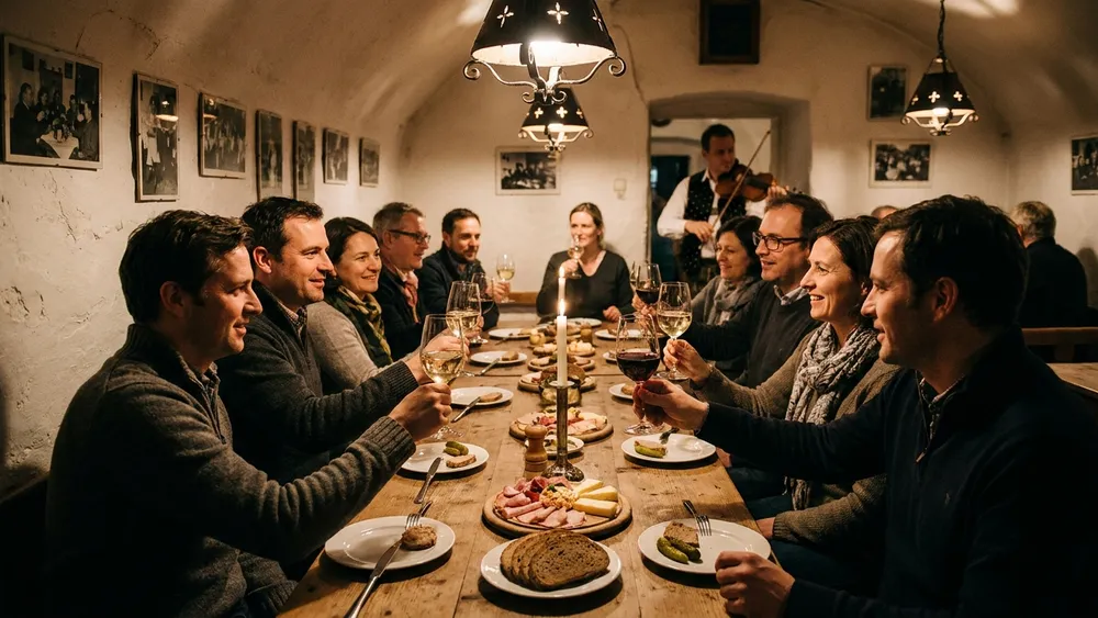 Heuriger Mayer am Pfarrplatz - Erwachsene trinken Wein und essen Schmankerl in einem Wiener Traditionsheurigen