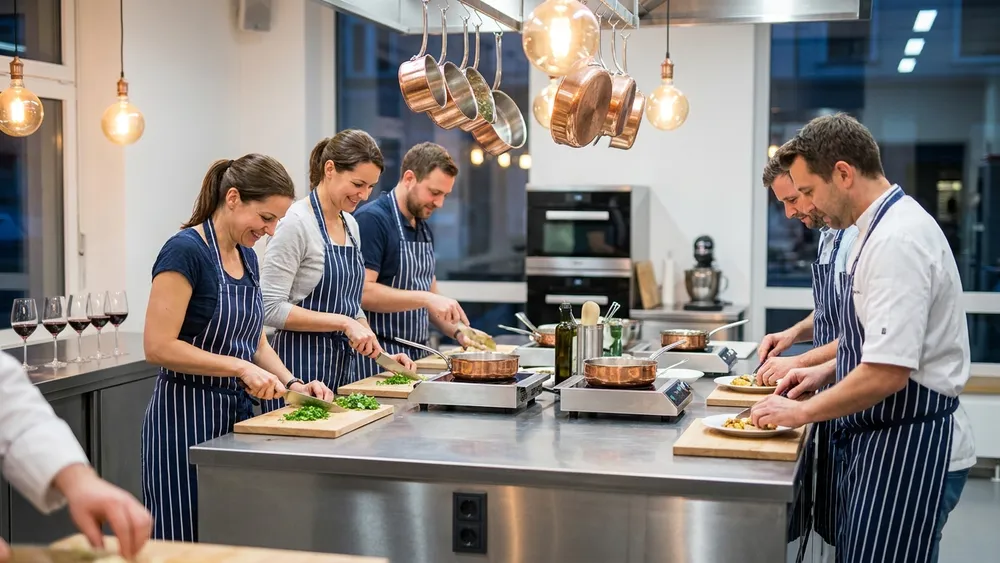 Kochkurs in Wien - Erwachsene kochen gemeinsam ein 3-Gänge-Menü an einer großen Kochinsel