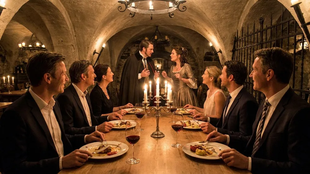 Krimidinner in Wien - Erwachsene verfolgen eine Mordfall-Inszenierung beim Menü im historischen Gewölbe