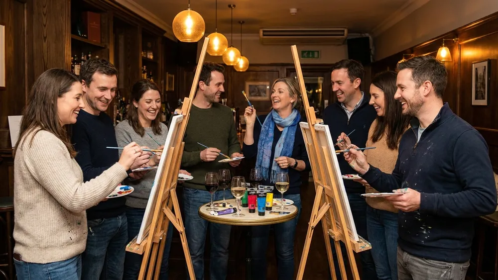 Painting Party in Wien - Erwachsene malen an Staffeleien mit Wein in gemütlicher Bar-Atmosphäre
