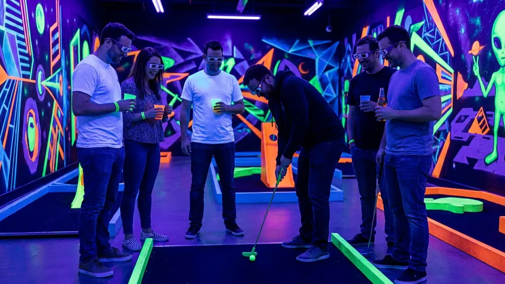 Schwarzlicht Minigolf in Wien - Erwachsene spielen mit 3D-Brillen Minigolf in leuchtender Neonwelt