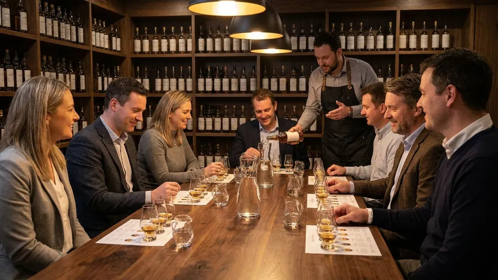 Whisky-Tasting in Wien - Erwachsene verkosten unter Anleitung mehrere Single Malts an einem Holztisch