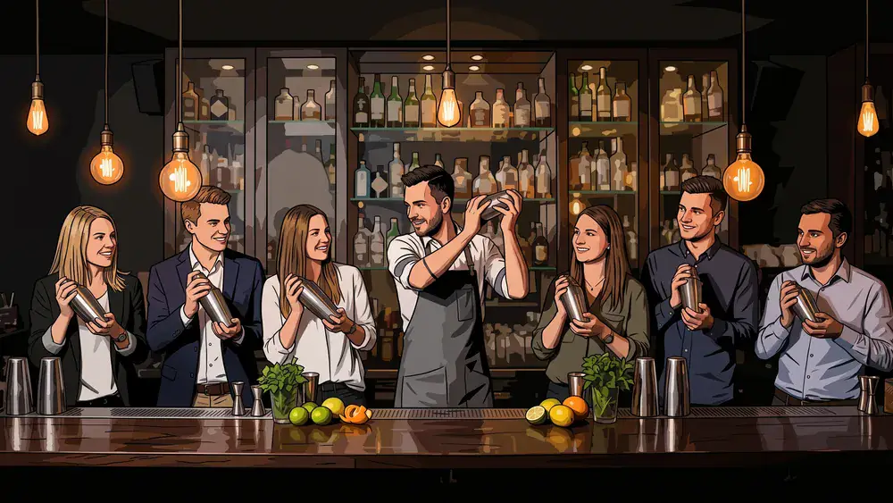 Cocktailkurs in Wien – Gruppe mixt Cocktails hinter einer beleuchteten Bar mit Anleitung
