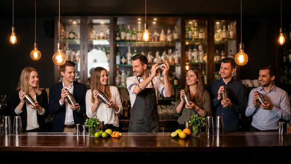 Cocktailkurs in Wien – Gruppe mixt Cocktails hinter einer beleuchteten Bar mit Anleitung