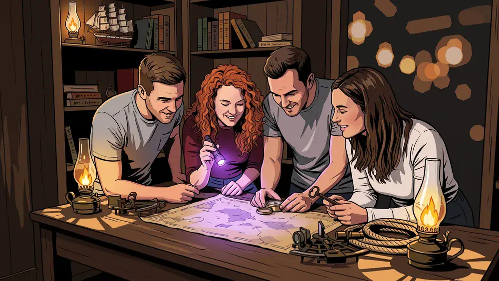 Escape Room Wien – Gruppe rätselt an einem alten Holztisch in einem inszenierten Themenraum