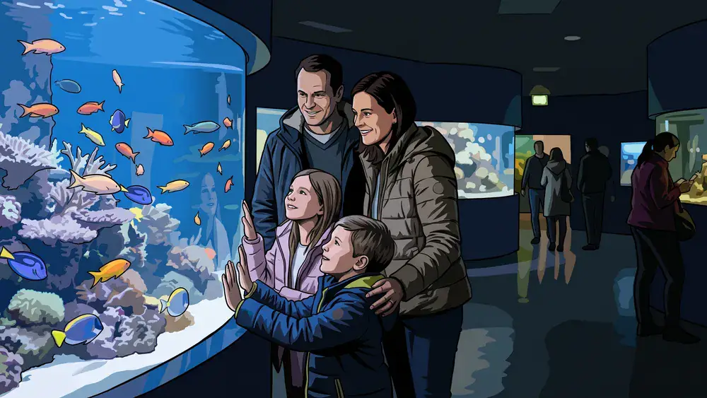 Haus des Meeres Wien – Familie schaut in ein leuchtendes Tropisches Korallenriff-Aquarium