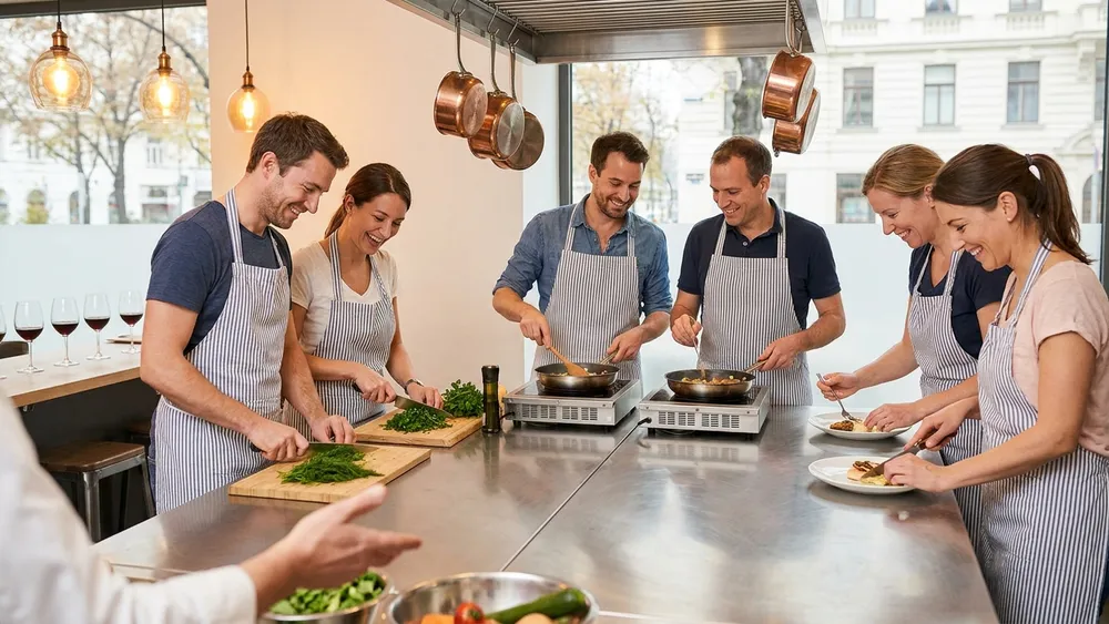 Kochkurs in Wien – Gruppe kocht gemeinsam ein 3-Gänge-Menü an einer großen Kochinsel