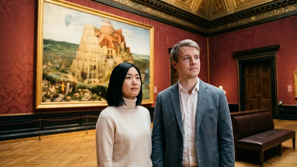 Kunsthistorisches Museum Wien – Zwei Personen betrachten ein Bruegel-Gemälde im Galerieraum