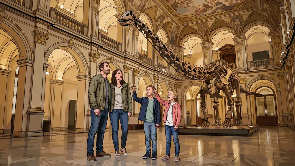 Naturhistorisches Museum Wien – Familie betrachtet ein vollständiges Diplodocus-Saurierskelett im Prachtsaal