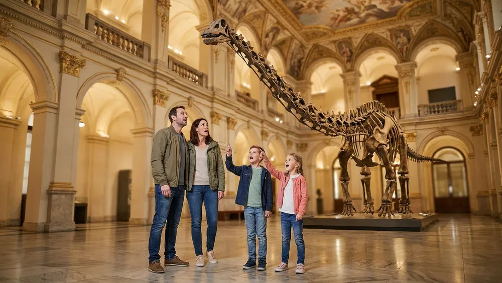 Naturhistorisches Museum Wien – Familie betrachtet ein vollständiges Diplodocus-Saurierskelett im Prachtsaal