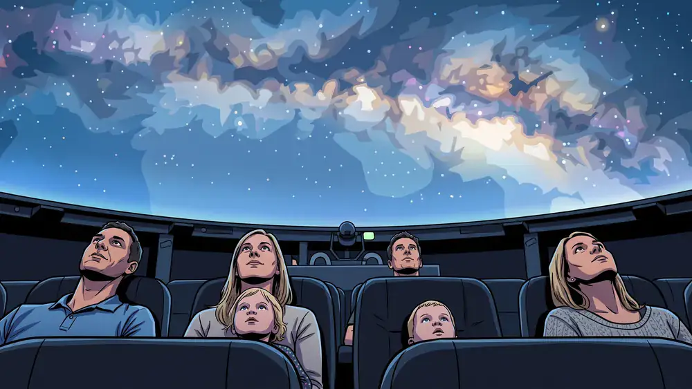 Planetarium Wien – Familie blickt in den Kuppelhimmel mit Sternenprojektion