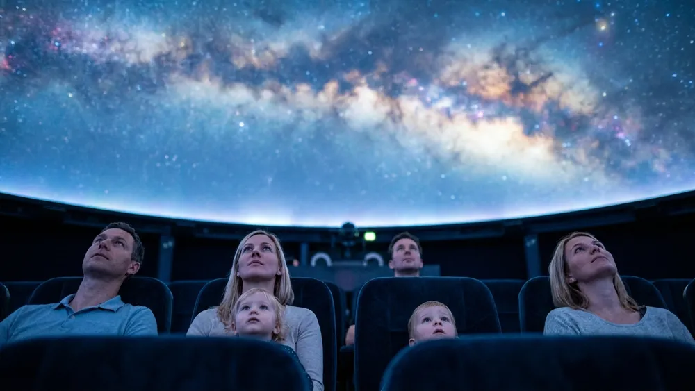 Planetarium Wien – Familie blickt in den Kuppelhimmel mit Sternenprojektion