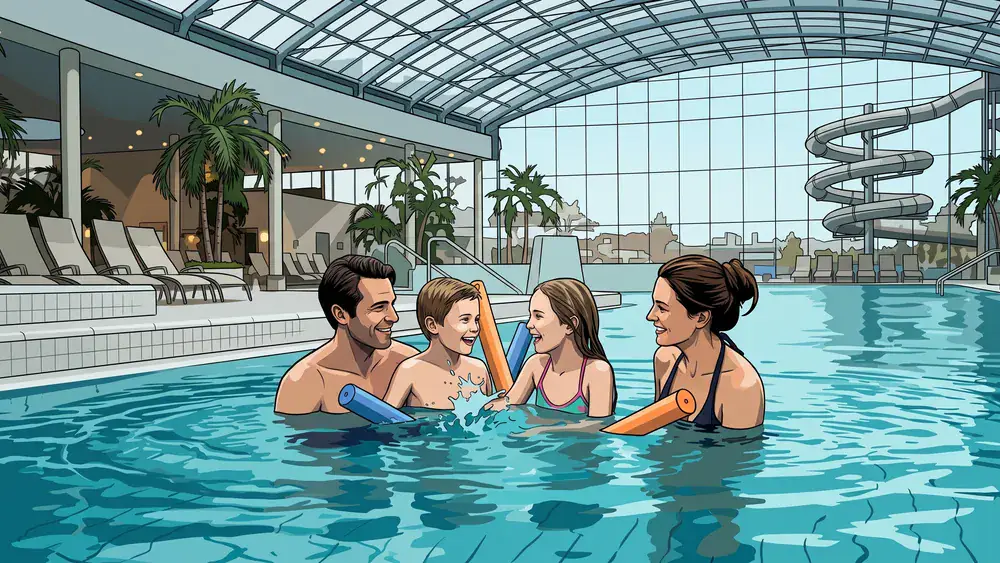 Therme Wien – Familie schwimmt im großen Innenbecken unter Glaskuppel