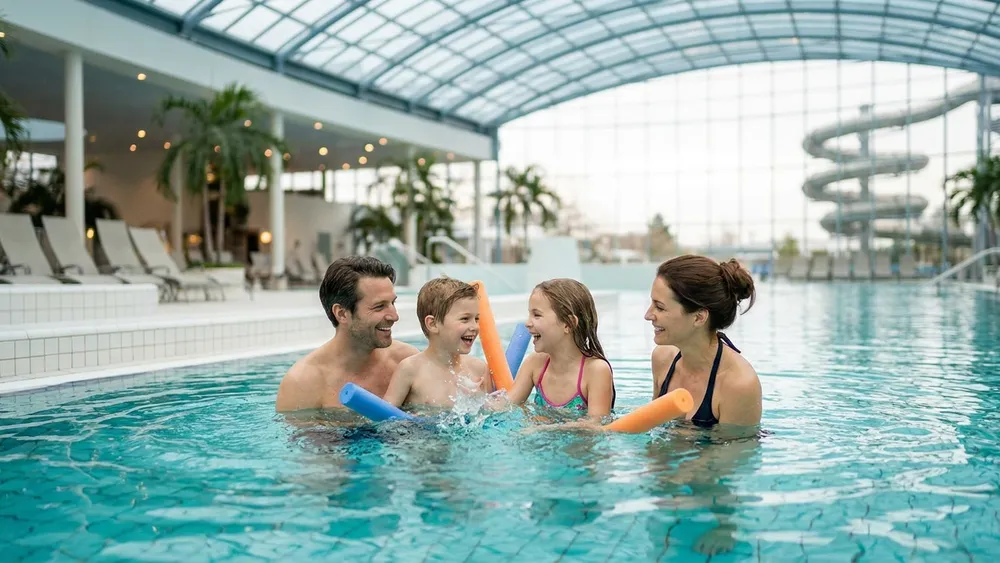 Therme Wien – Familie schwimmt im großen Innenbecken unter Glaskuppel