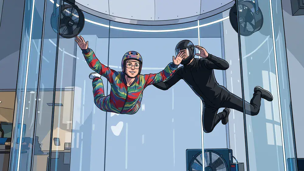 Windobona Wien – Person fliegt im vertikalen Windkanal während Indoor Skydiving