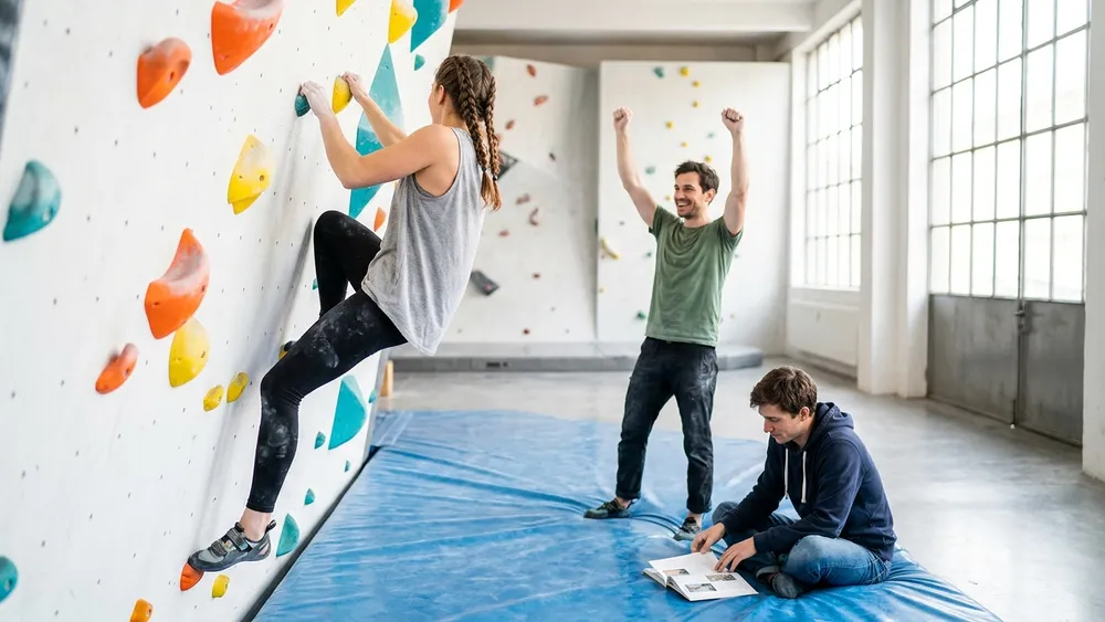 Boulderbar Wien – Team klettert und sichert an einer farbigen Indoor-Boulderwand