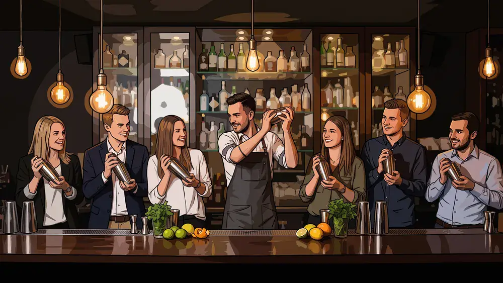 Cocktailkurs in Wien – Team mixt Cocktails hinter einer beleuchteten Bar mit Anleitung in der Innenstadt