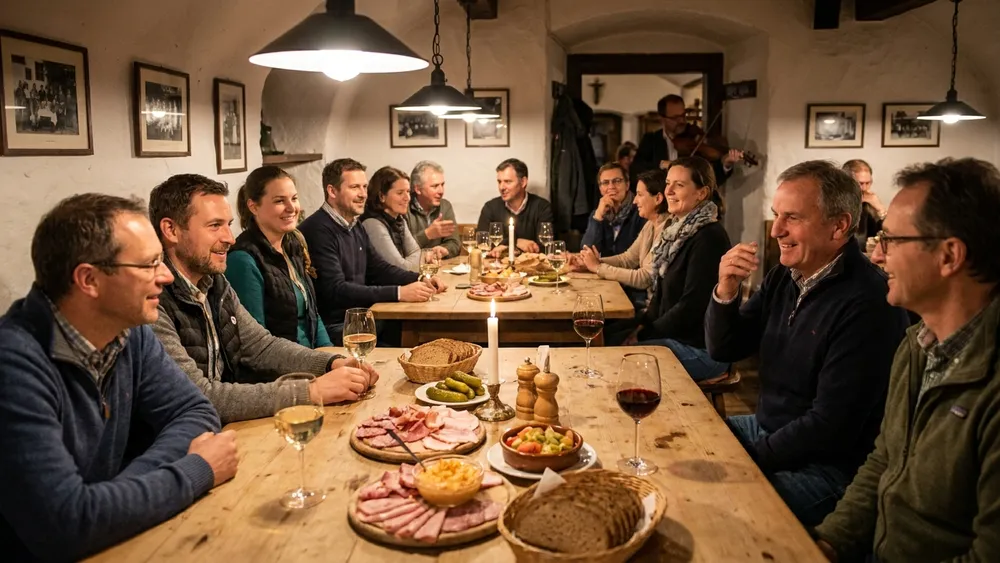 Heuriger Mayer am Pfarrplatz – Team trinkt Wein und isst Schmankerl in einem Wiener Traditionsheurigen in Heiligenstadt