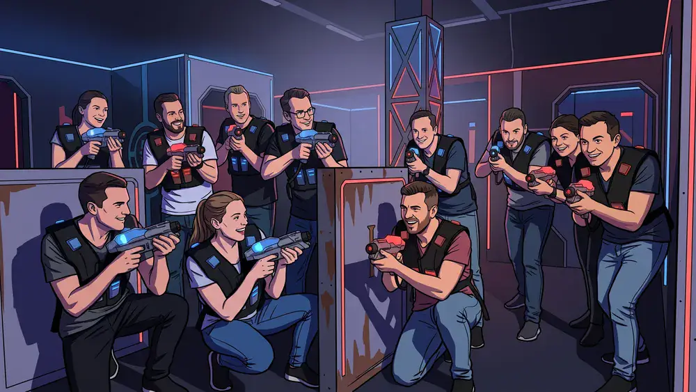 Lasertag in Wien – Team in tactical vests spielt in einer dunklen Neon-Arena im Prater