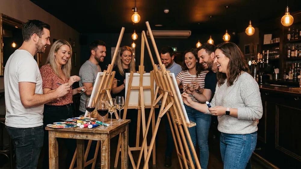 Painting Party in Wien – Team malt an Staffeleien mit Wein in gemütlicher Bar-Atmosphäre