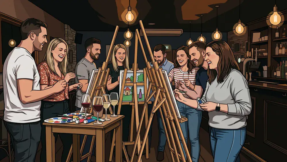 Painting Party in Wien – Team malt an Staffeleien mit Wein in gemütlicher Bar-Atmosphäre