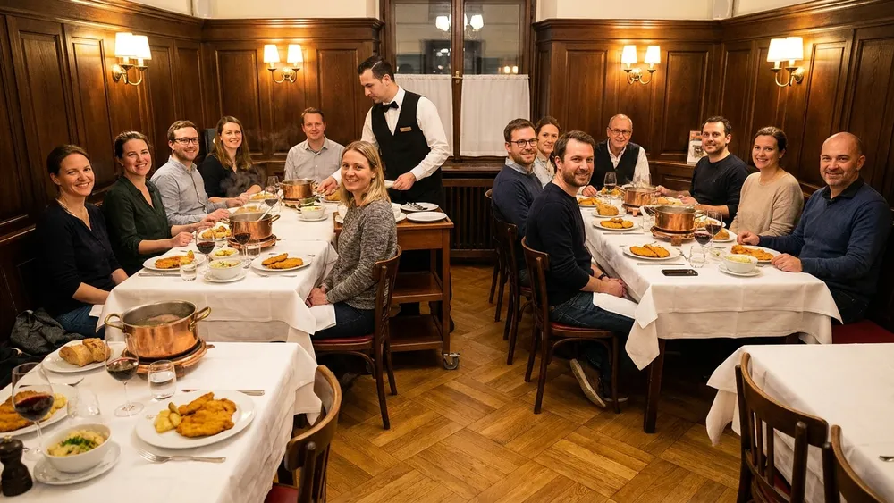 Plachutta in Wien – Team isst Wiener Tafelspitz aus Kupfertöpfen an langen Tischen im 1. Bezirk