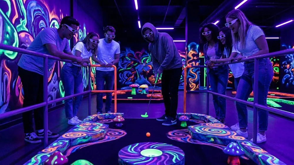 Schwarzlicht Minigolf in Wien – Team spielt mit 3D-Brillen Minigolf in leuchtender Neonwelt