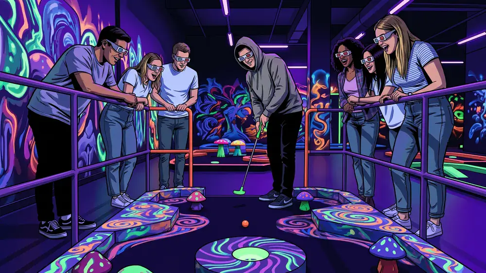 Schwarzlicht Minigolf in Wien – Team spielt mit 3D-Brillen Minigolf in leuchtender Neonwelt