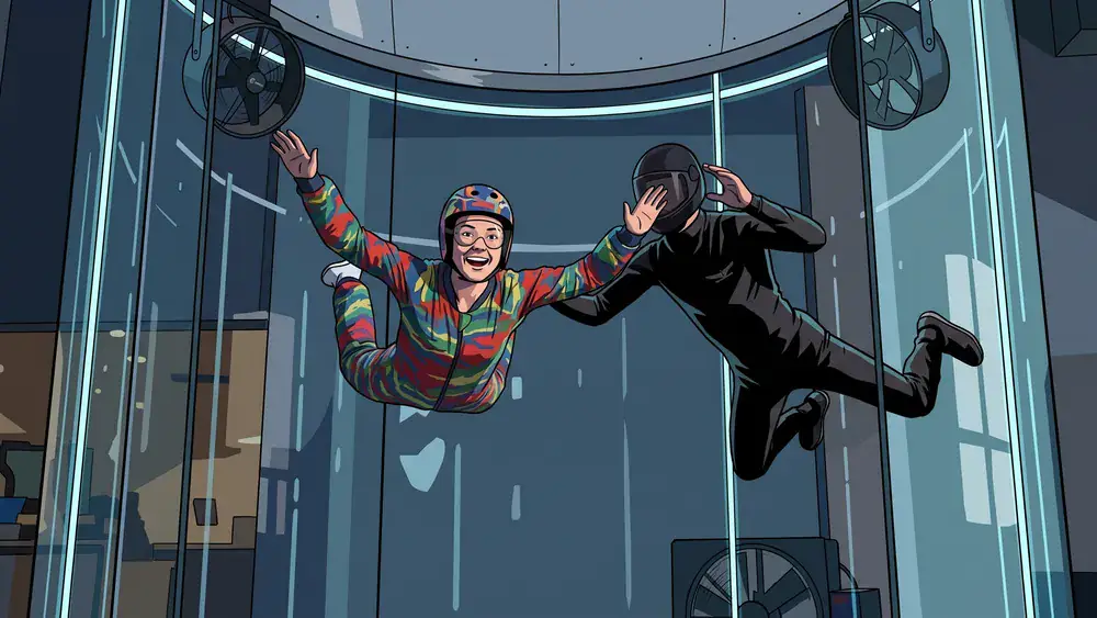 Windobona Wien – Kollege fliegt im vertikalen Windkanal während Indoor Skydiving