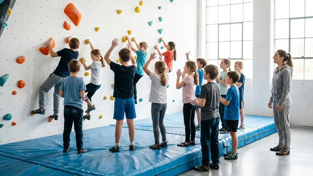 Boulderbar Wien – Schulklasse klettert und sichert an einer farbigen Indoor-Boulderwand