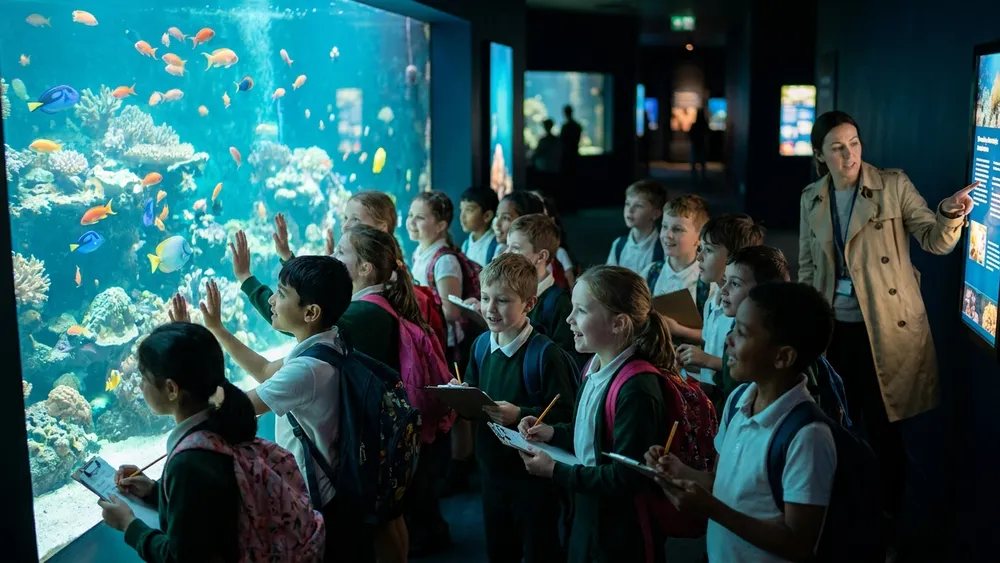 Haus des Meeres Wien – Schulklasse beobachtet ein Tropenriff-Aquarium