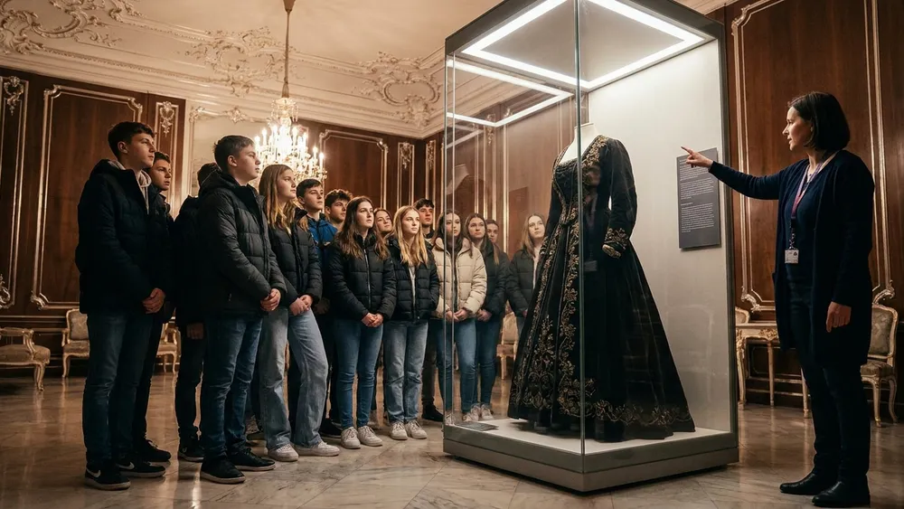 Hofburg Sisi Museum Wien – Schulklasse betrachtet ein Original-Kleid von Kaiserin Elisabeth
