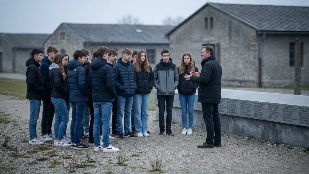 KZ-Gedenkstätte Mauthausen – Schulklasse hört einer Führung an einer Gedenkmauer zu