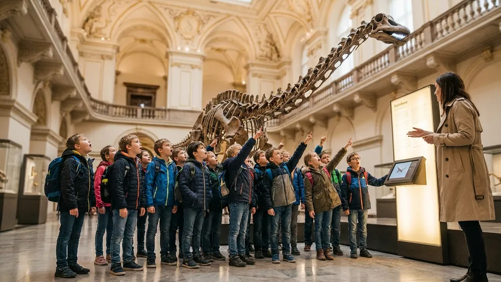 Naturhistorisches Museum Wien – Schulklasse betrachtet ein Diplodocus-Saurierskelett im Prachtsaal