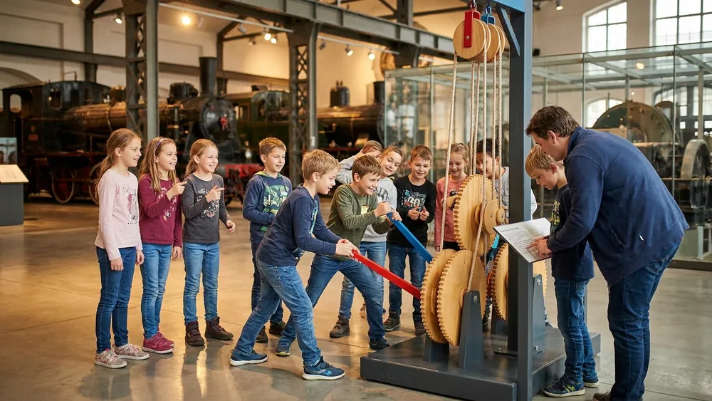 Technisches Museum Wien – Schulklasse experimentiert an einer interaktiven Mitmach-Station