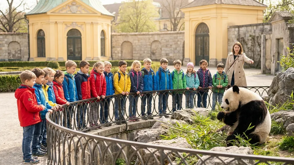 Tiergarten Schönbrunn Wien – Schulklasse beobachtet einen Pandabären im Gehege vor historischer Zoo-Architektur