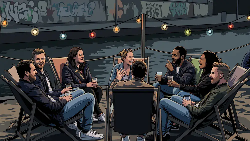 Donaukanal in Wien – Polter-Runde sitzt mit Drinks im Sand der Strandbar