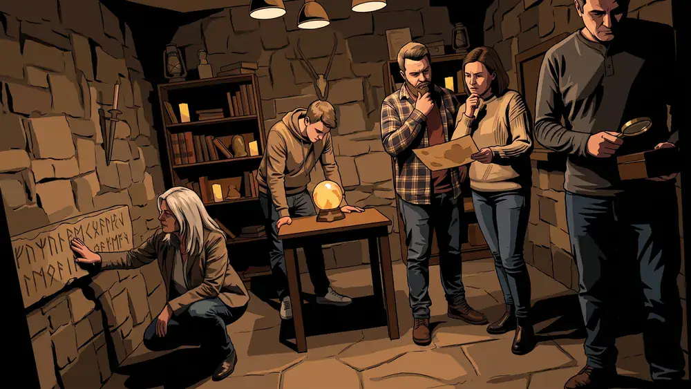 Escape Room in Wien – Polter-Team sucht konzentriert nach Hinweisen im Themenraum