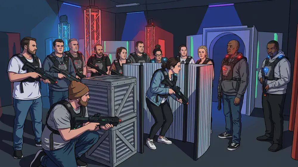 Lasertag in Wien – Polter-Gruppe mit Sensorwesten in der Neon-Arena im Prater