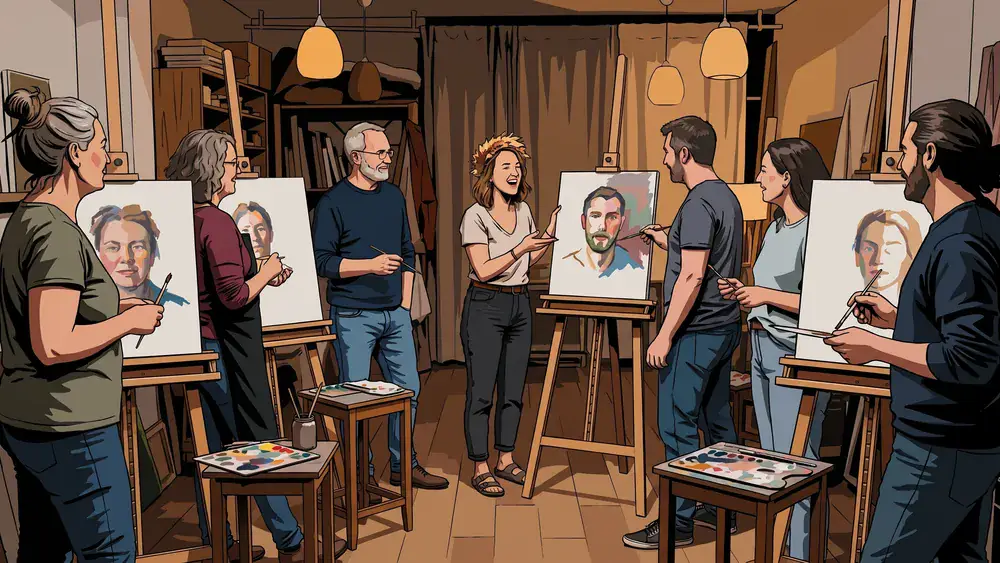Painting Party in Wien – Polter-Runde malt die Hauptperson an Staffeleien