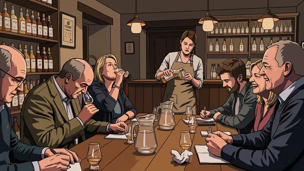 Whisky-Tasting in Wien – Polter-Runde verkostet Single Malts am Holztisch bei Potstill