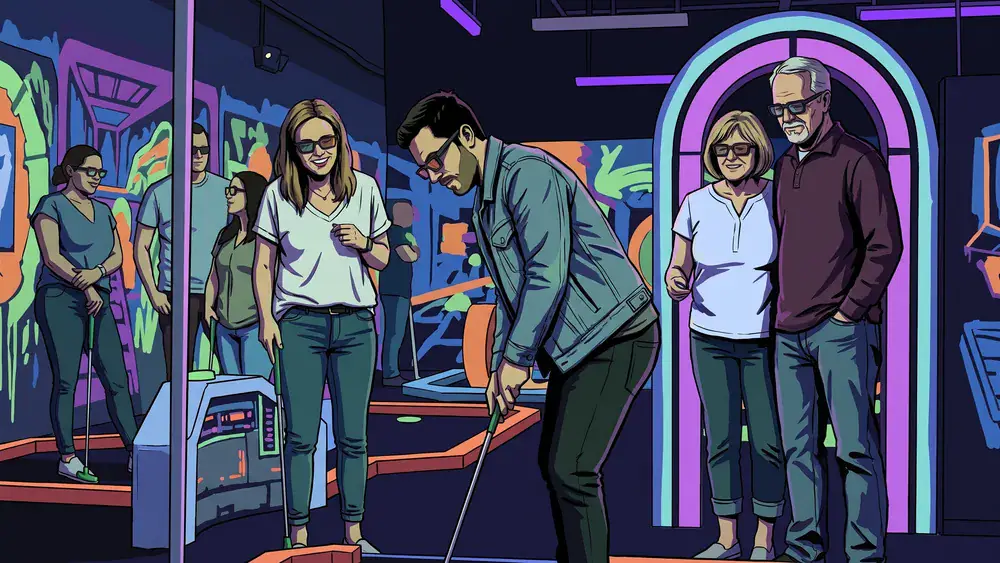 Schwarzlicht Minigolf in Wien – Polter-Gruppe spielt mit 3D-Brillen durch die Neon-Bahnen