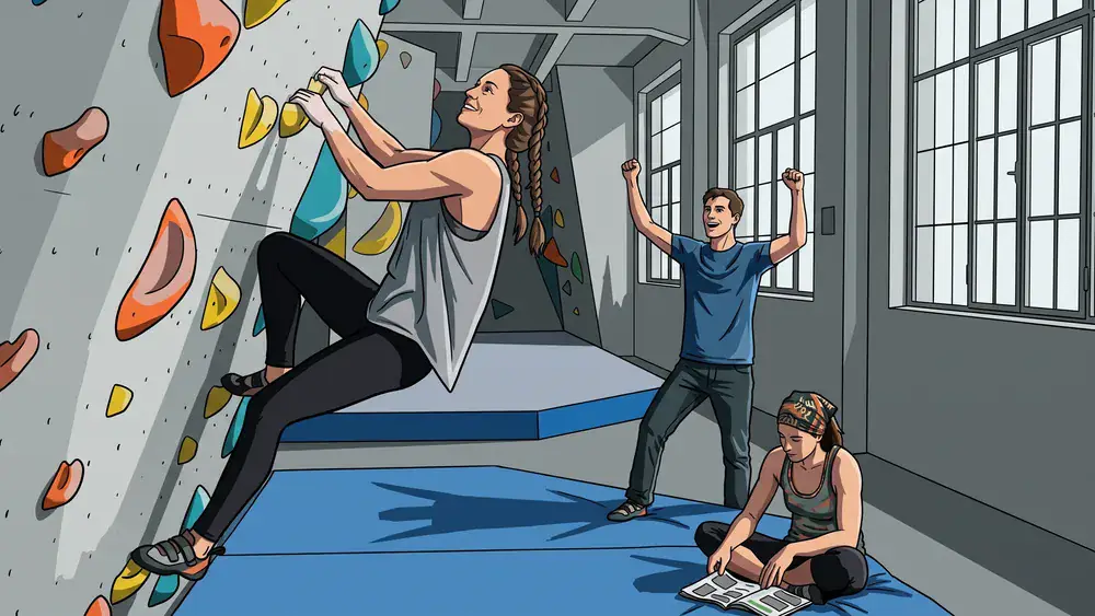 Boulderbar Wien – Gruppe klettert und sichert an einer farbigen Indoor-Boulderwand