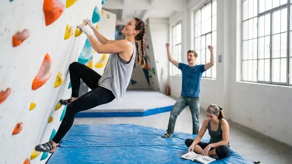 Boulderbar Wien – Gruppe klettert und sichert an einer farbigen Indoor-Boulderwand
