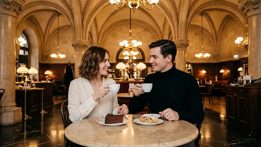 Café Central Wien – Zwei Personen mit Melange und Sachertorte unter dem Bogengewölbe